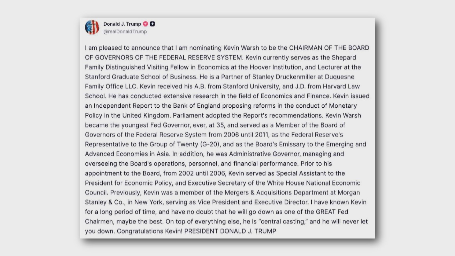 特朗普提名沃什為下任聯儲局主席