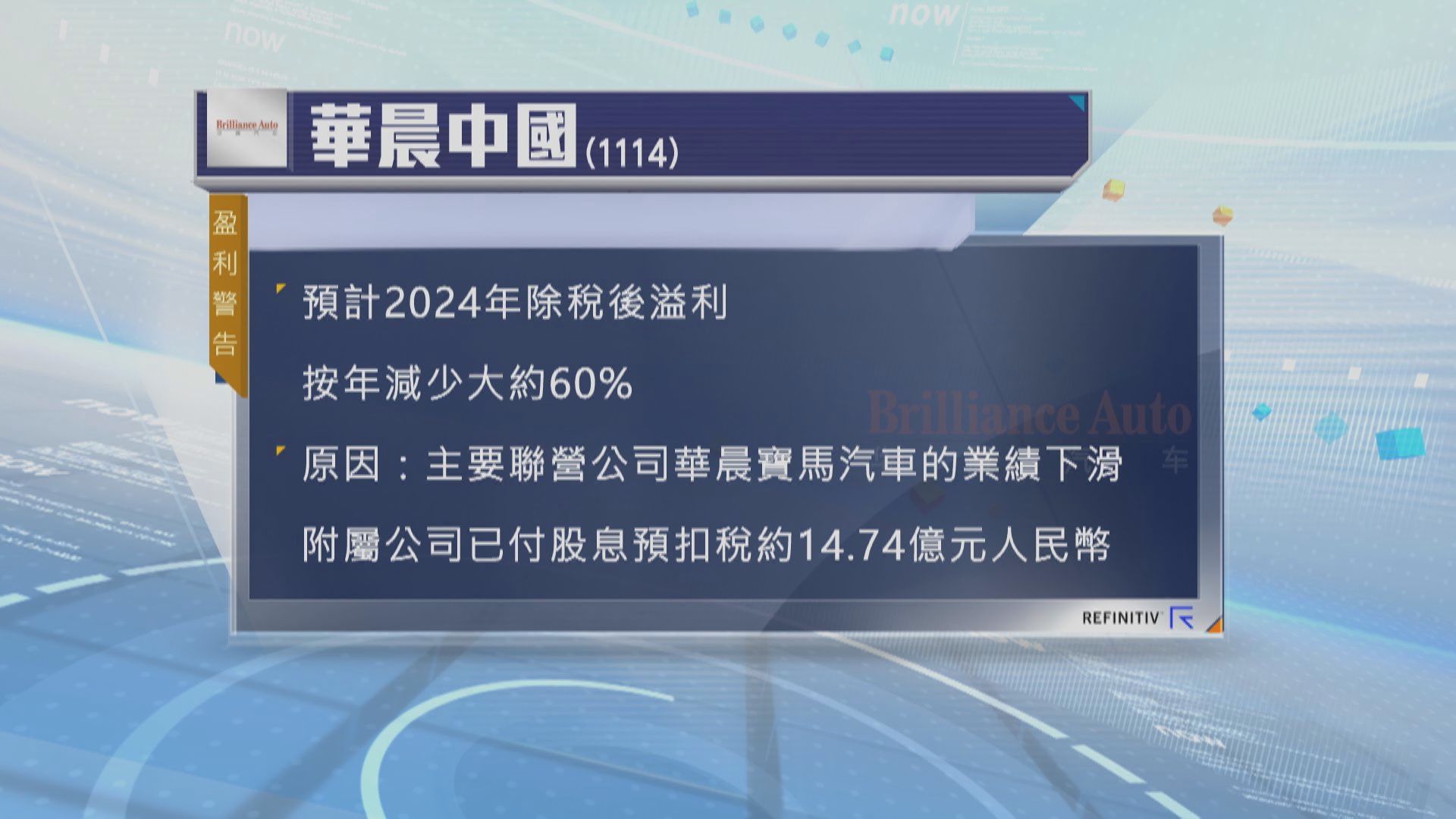 【車股盈警】華晨料去年稅後溢利跌60%