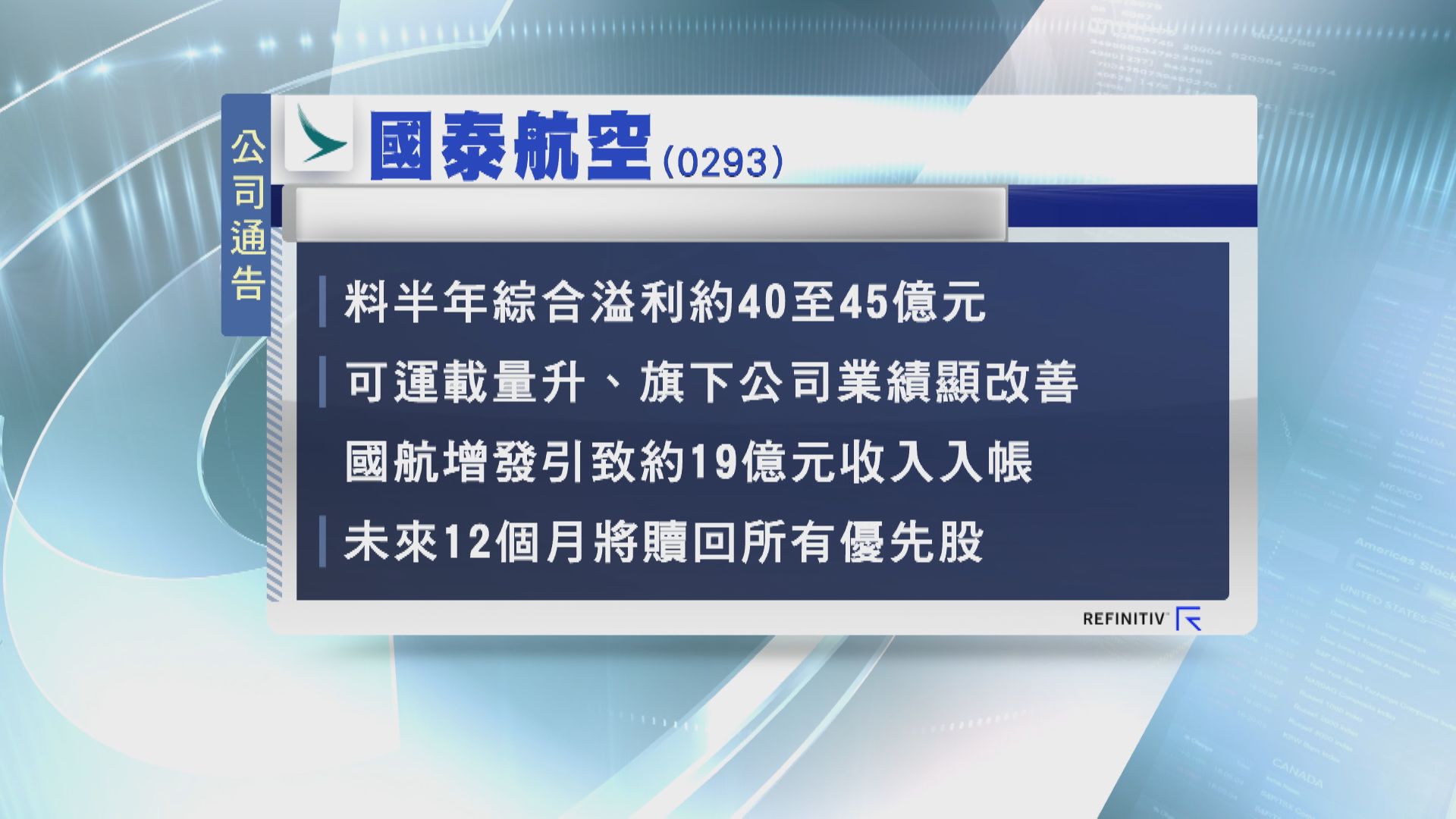 【盈喜】國泰半年轉賺最少40億 未來12個月贖回優先股