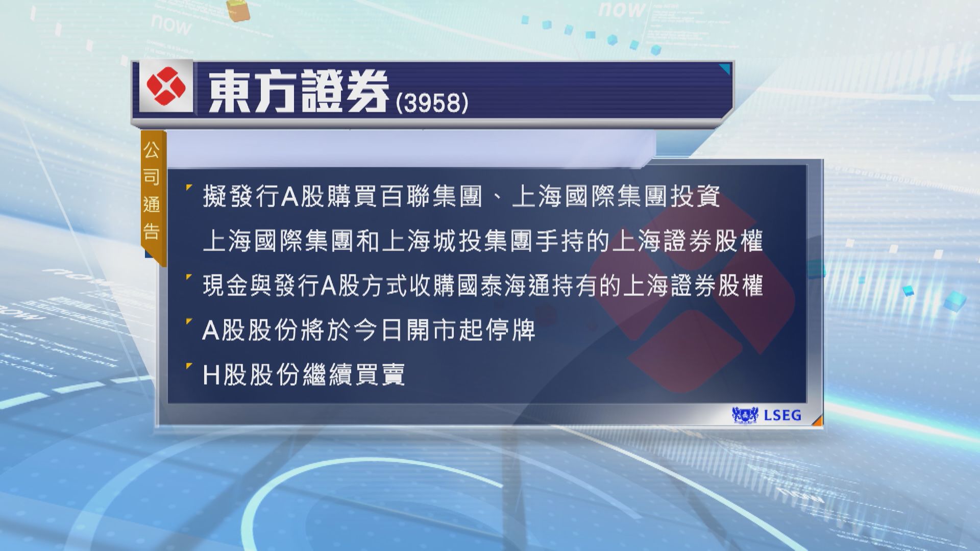 【3958】東方證券擬發A股+現金全購上海證券