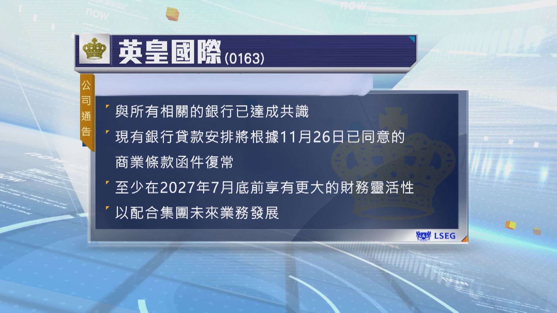 同銀行傾掂數】英皇國際:現有銀行貸款安排復常| Now 新聞