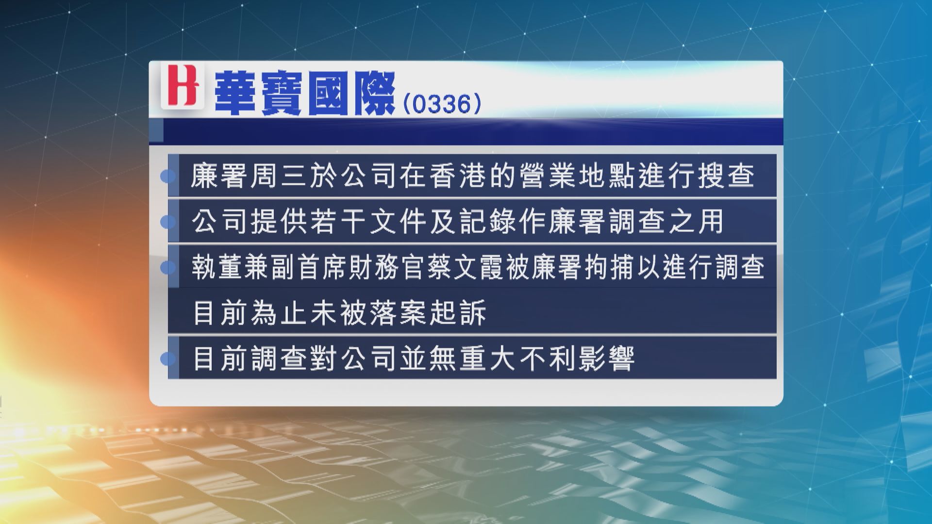 【復牌急瀉】華寶副CFO遭廉署拘捕 搜港營業地點