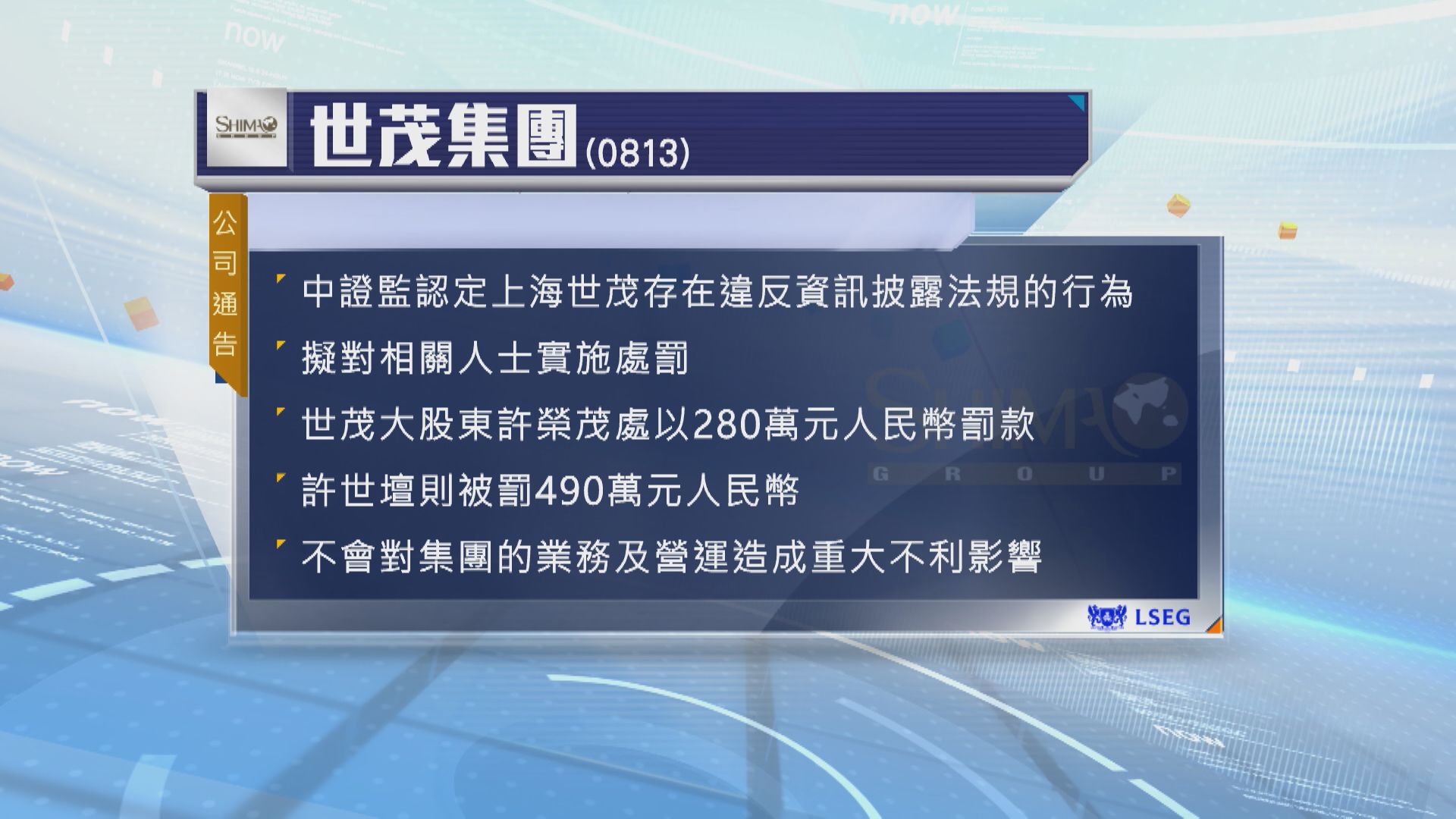 【世茂集團】中證監擬罰上海世茂 許榮茂父子則罰770萬