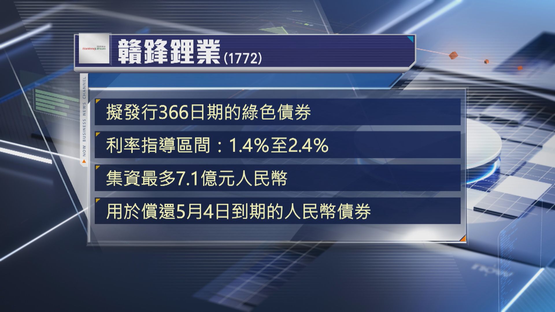 【1772】贛鋒鋰業擬發綠債籌最多7.1億人幣還債