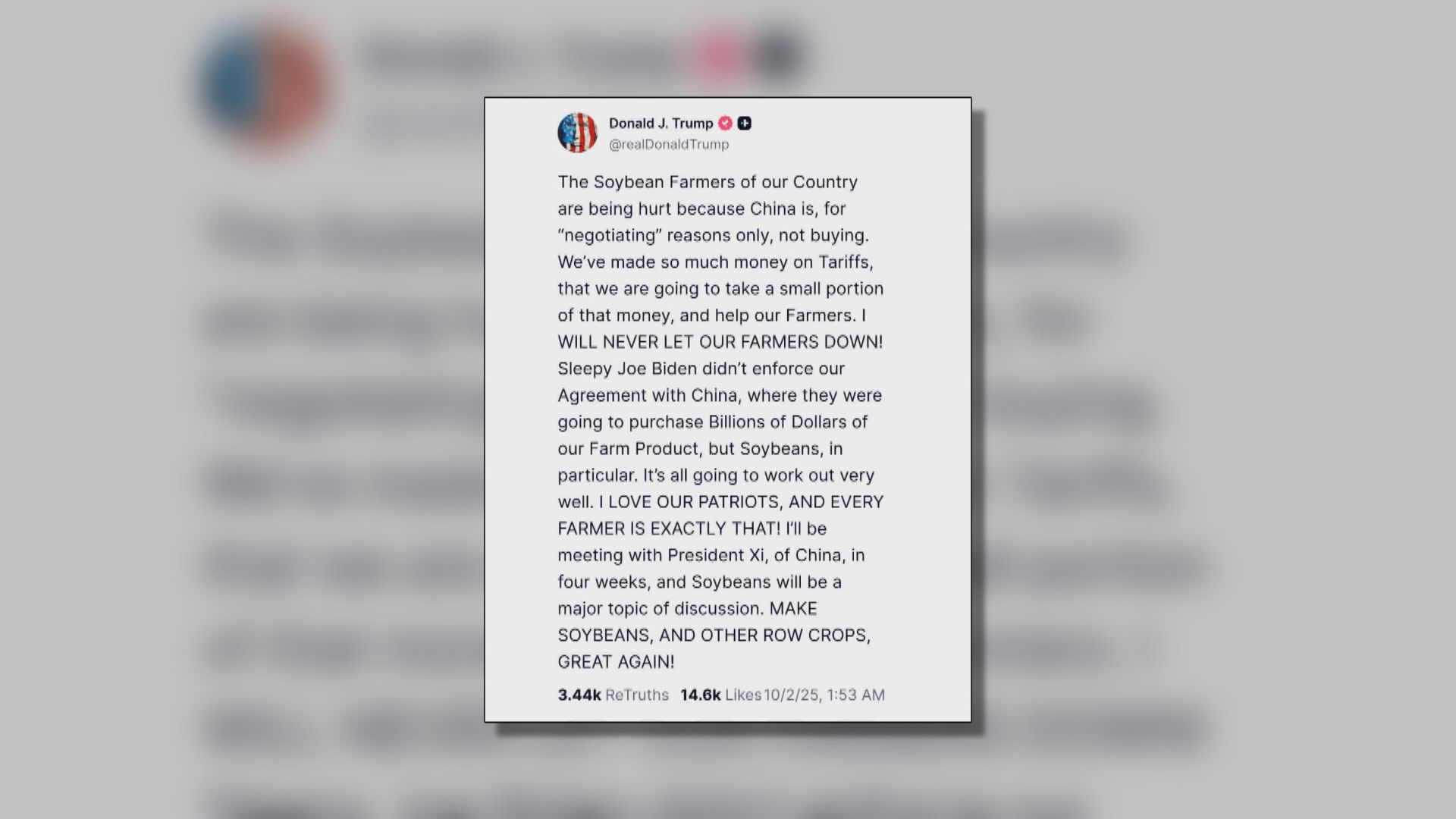 【批中方拒採購】特朗普:4周後晤習近平 大豆是主要議題