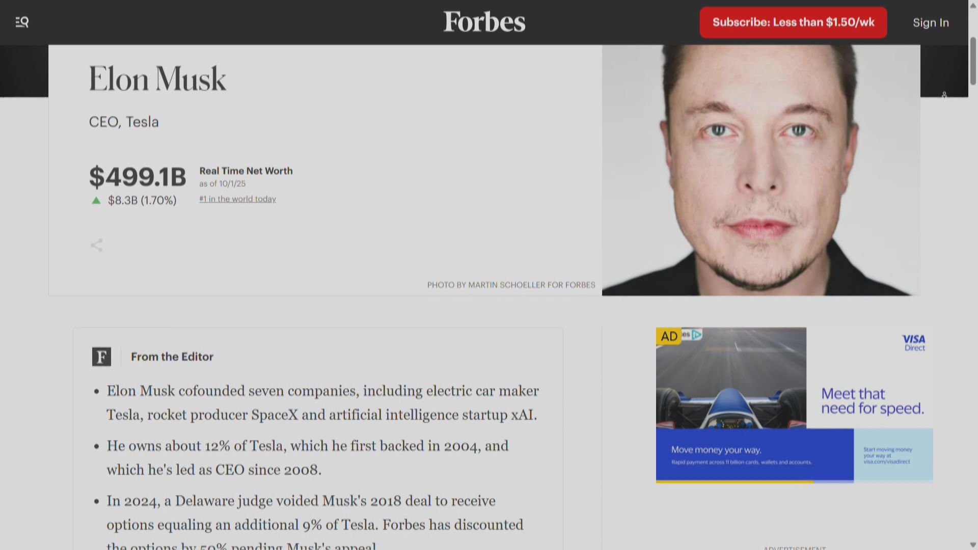 《福布斯》：馬斯克成為首位身家達5000億美元富豪