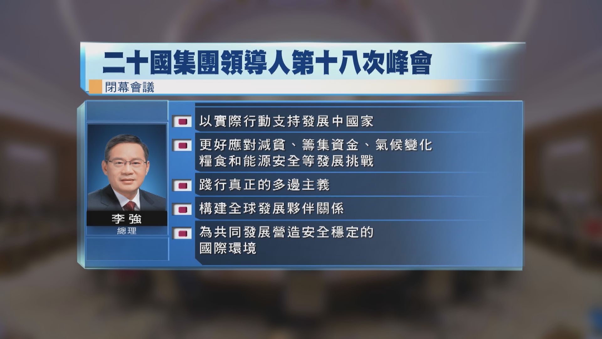 二十國集團峰會第二日會議 李強籲以實際行動支持發展中國家