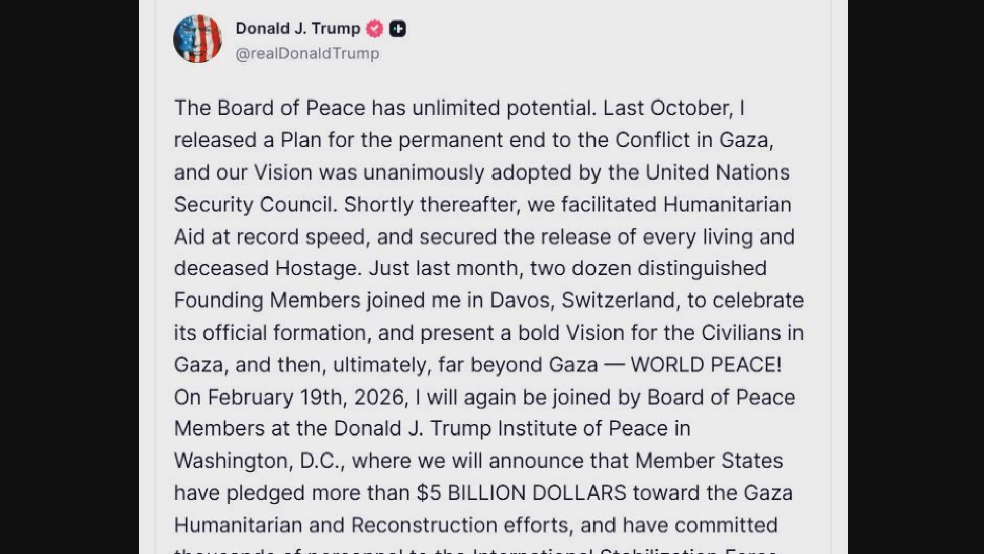 特朗普創立的和平委員會將於周四開創始會議　宣布向加沙提供50億美元重建