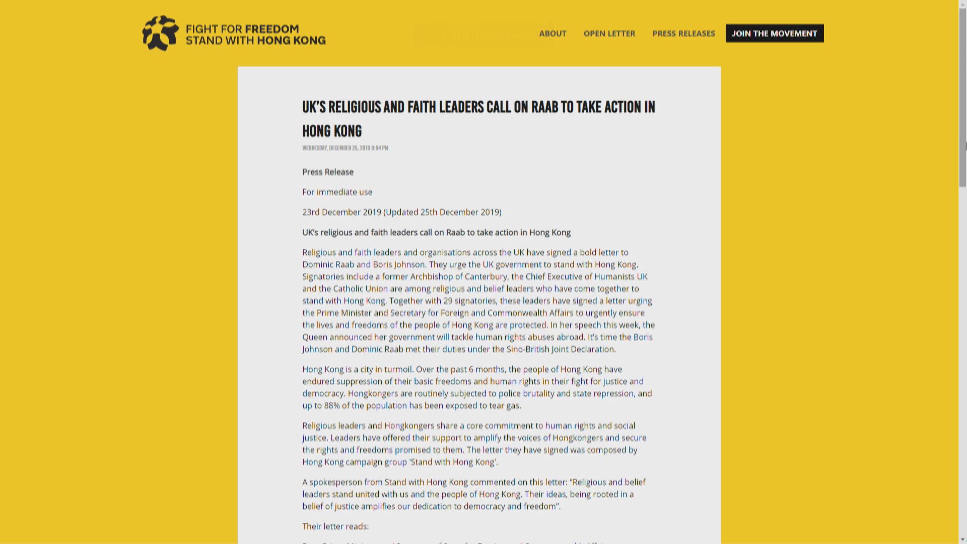 組織邀英國宗教領袖簽函件確保港人自由　港府深感遺憾