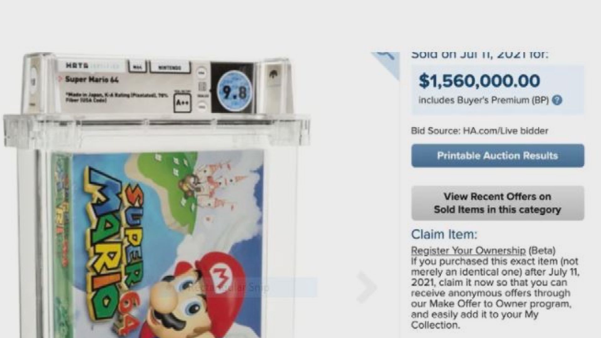 【環球薈報】任天堂未拆封「超級瑪利歐64」成交價156萬美元