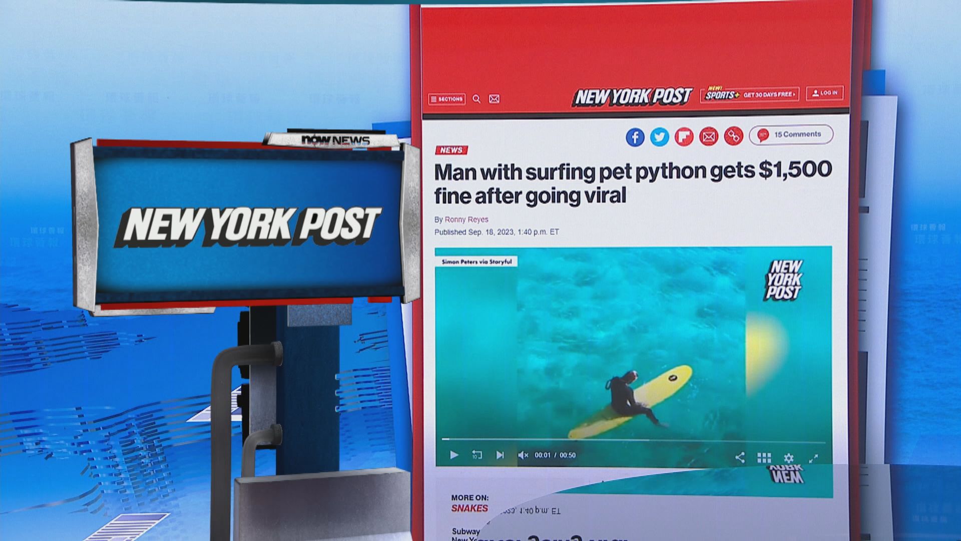 【環球薈報】澳洲男子帶寵物蟒蛇滑浪被罰款逾萬港元