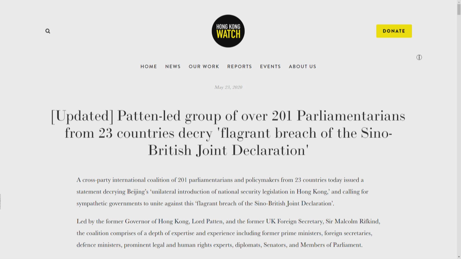 多國逾二百政界人士聯署反香港國安法