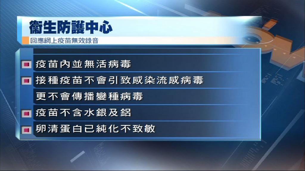 衞生防護中心指流感疫苗安全可靠