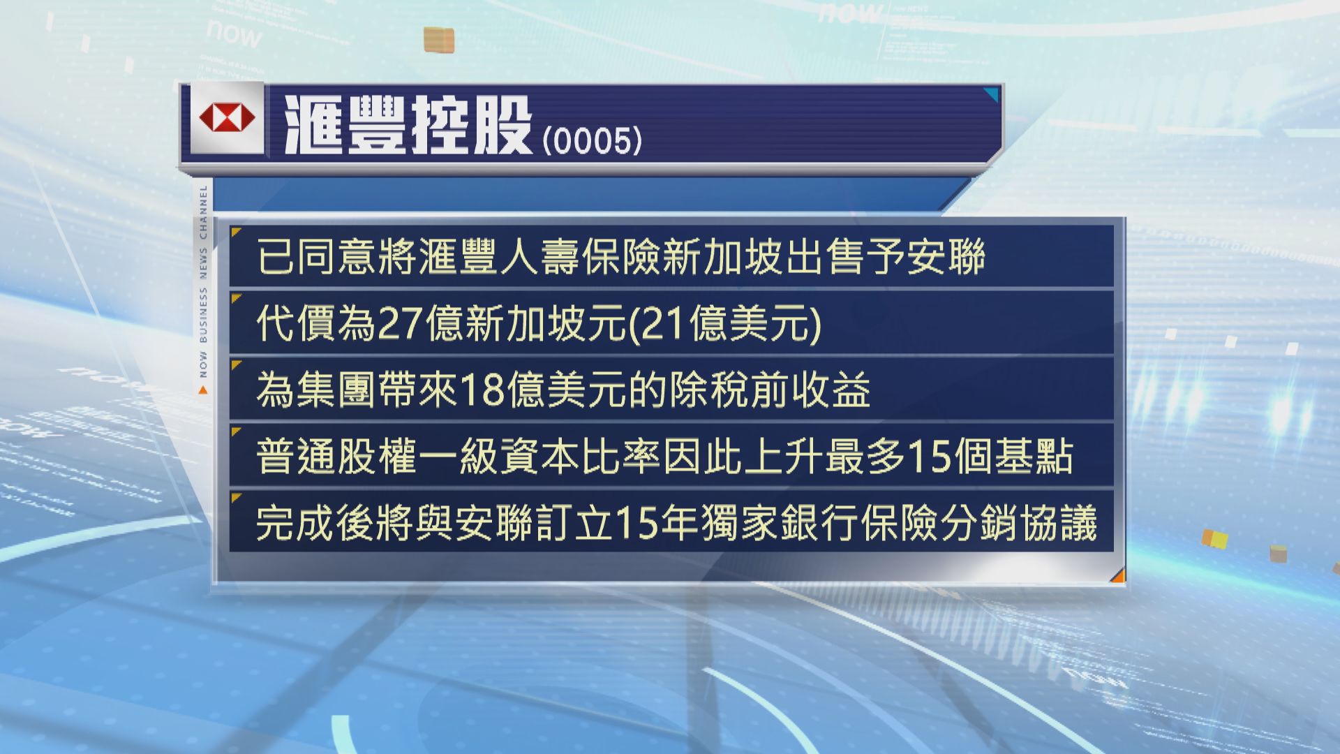 滙控以21億美元售新加坡壽險業務予安聯