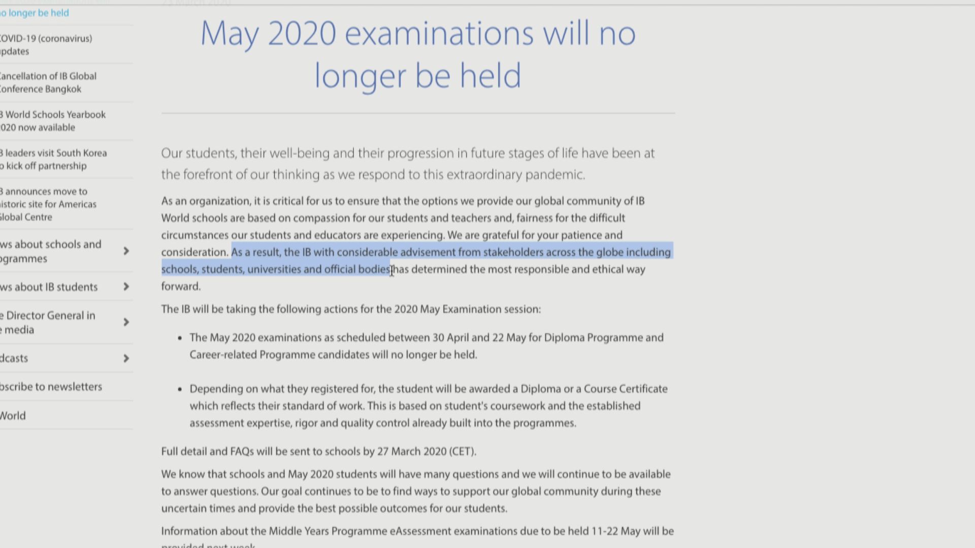 IB宣布取消考試　考生將獲發文憑或證書