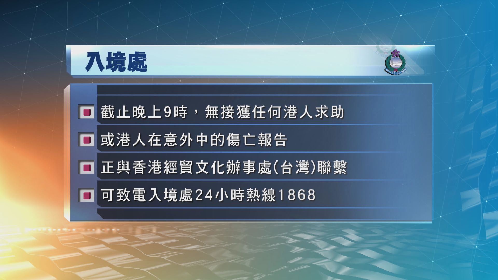 入境處：暫未接獲任何在台港人求助