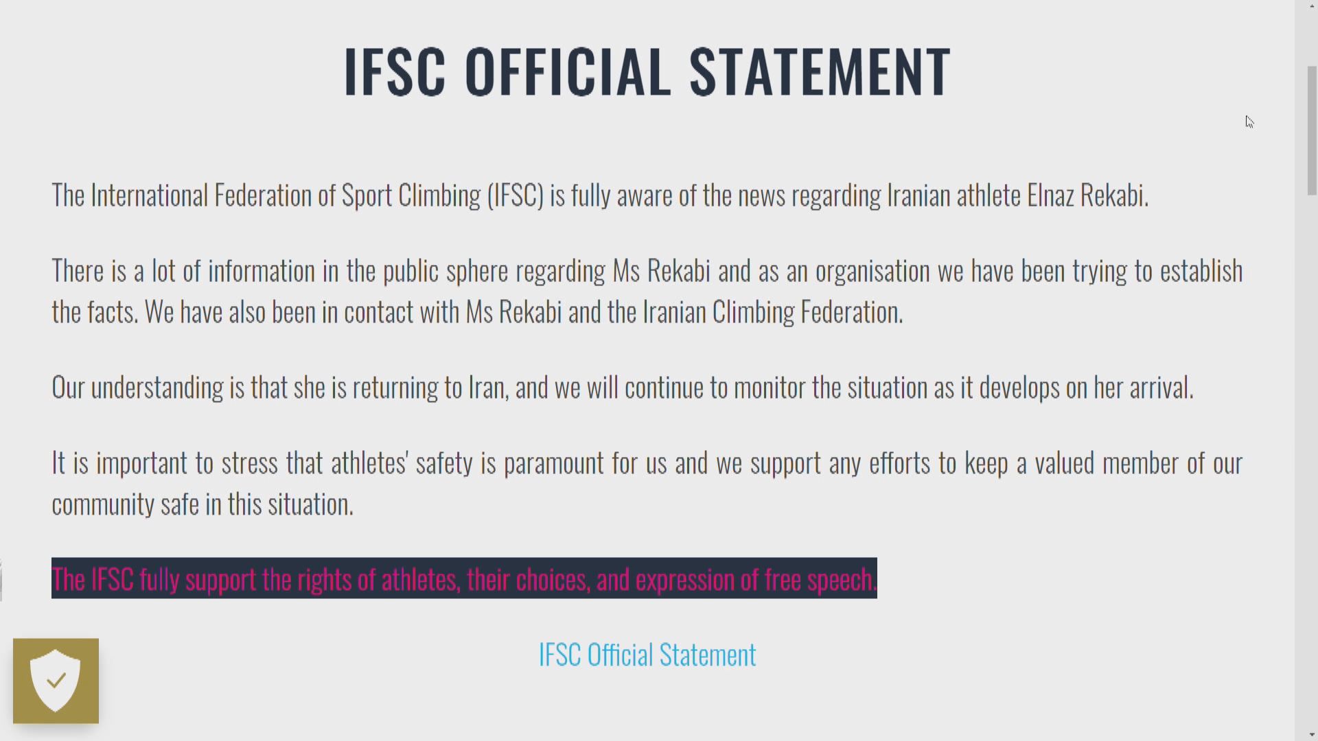 伊朗女子攀石運動員南韓作賽時一度無戴頭巾惹失蹤疑雲