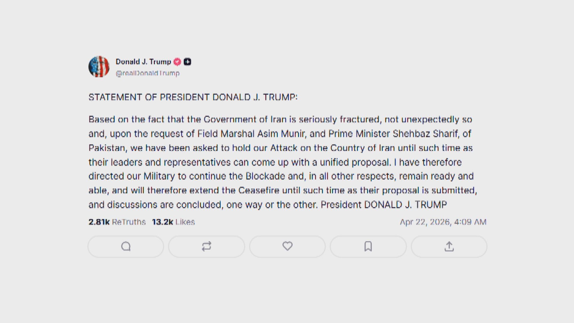 美以伊戰爭｜特朗普宣布延長與伊朗停火　續海上封鎖伊朗