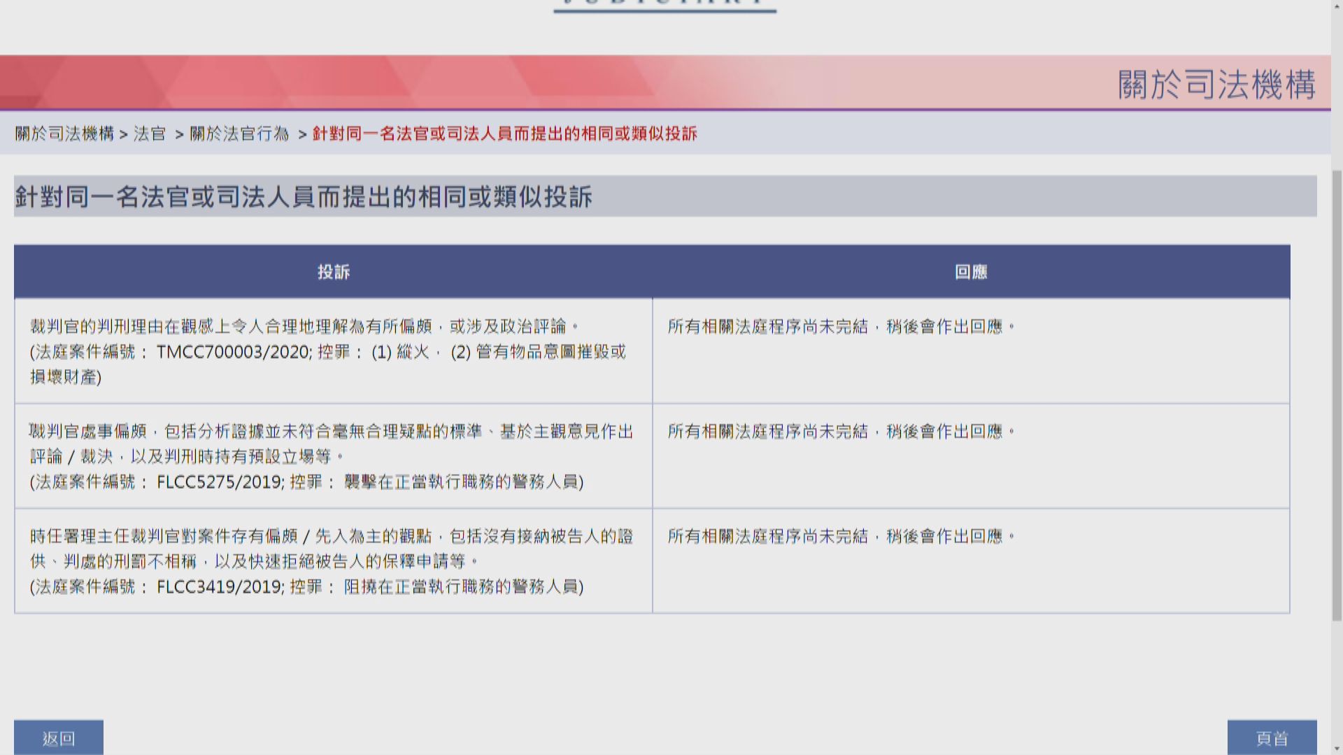 司法機構將涉及法官投訴上載於網頁