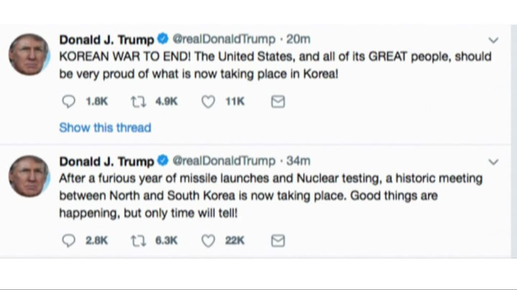 特朗普形容兩韓峰會具歷史意義