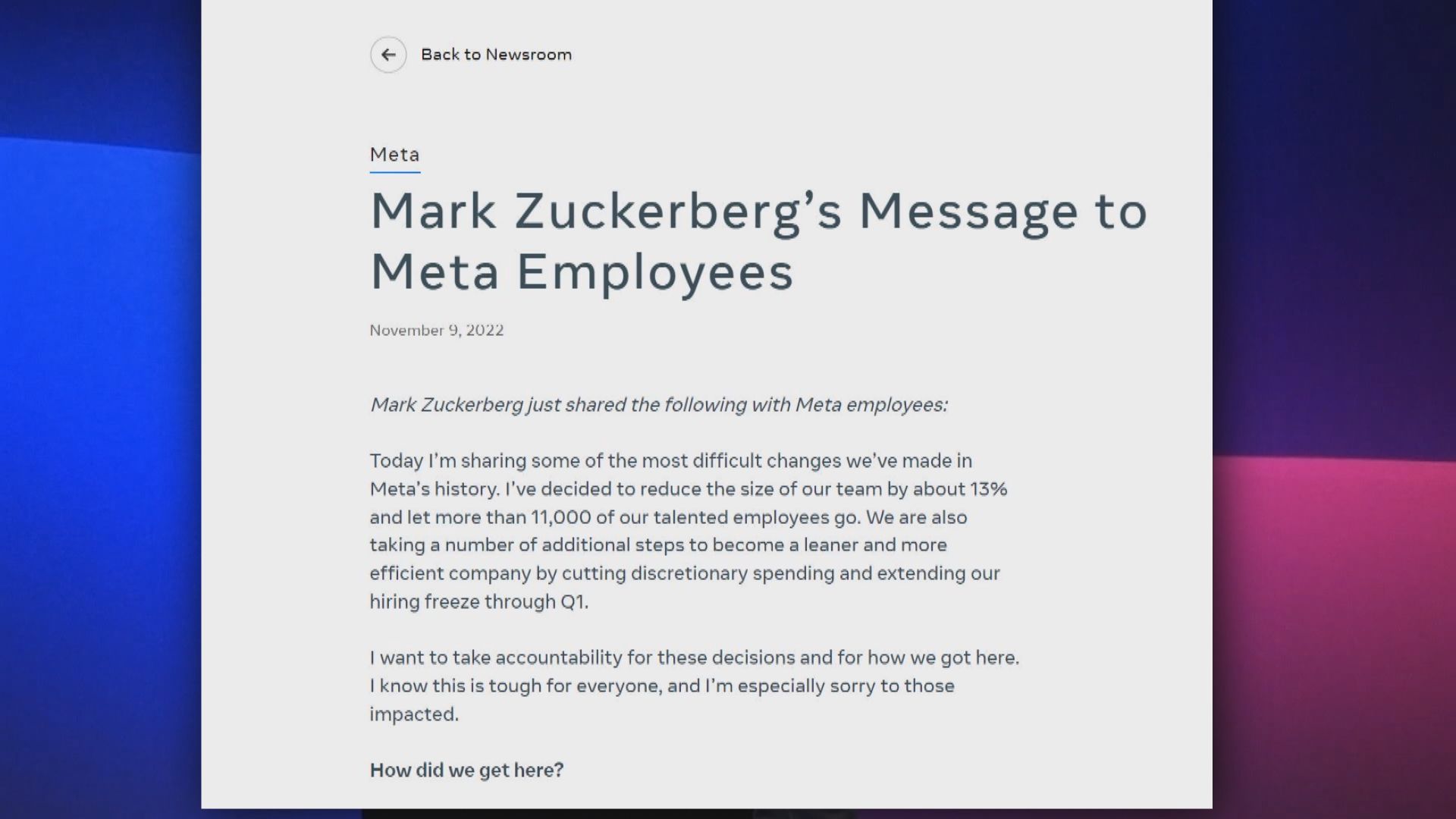 Meta裁減約一成三人手　涉逾一萬一千個職位