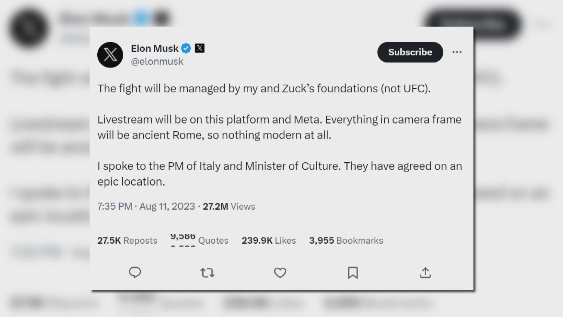 馬斯克指與朱克伯格格鬥賽將於史詩式地點舉行