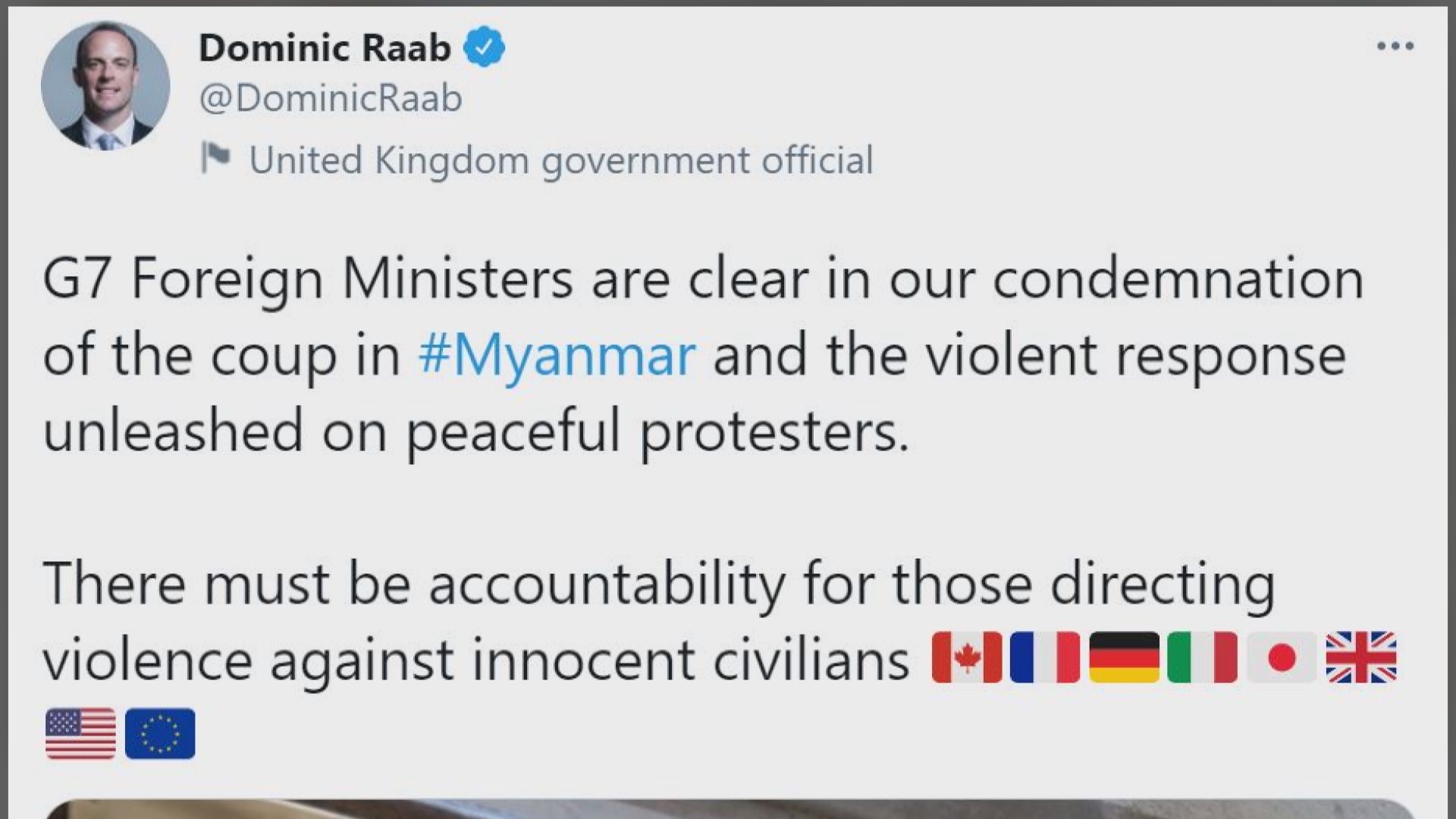 七國集團外長譴責緬甸暴力鎮壓示威