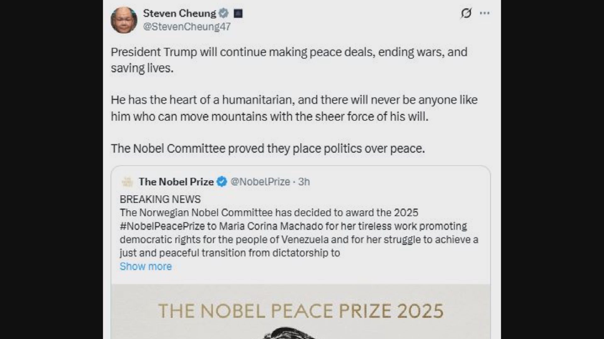 白宮官員不滿特朗普失落諾貝爾和平獎