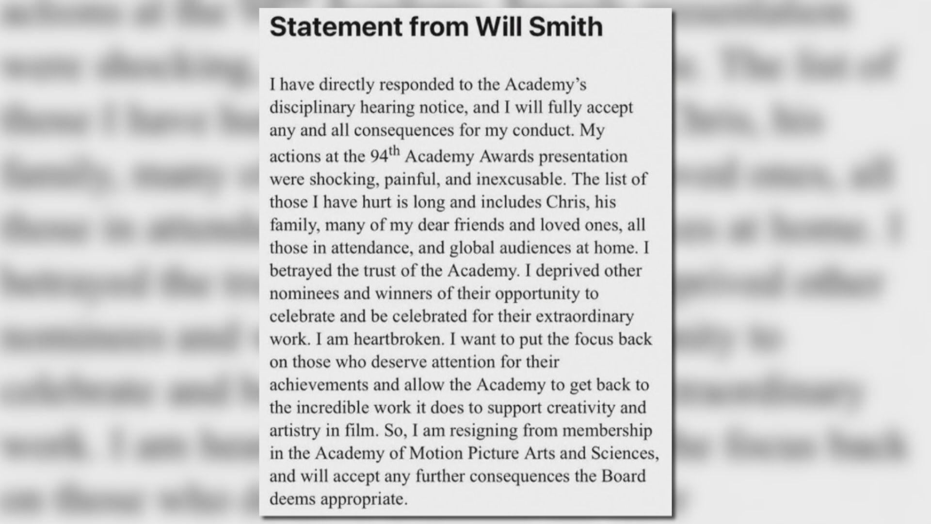 韋史密夫指自己的打人行為不可原諒