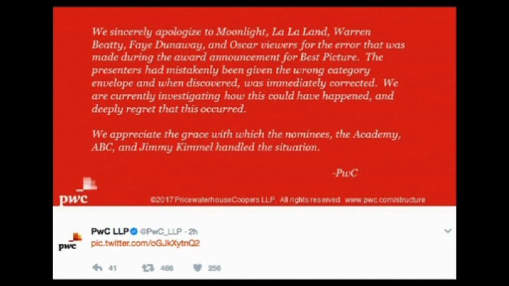 奧斯卡頒錯獎　會計師事務所致歉