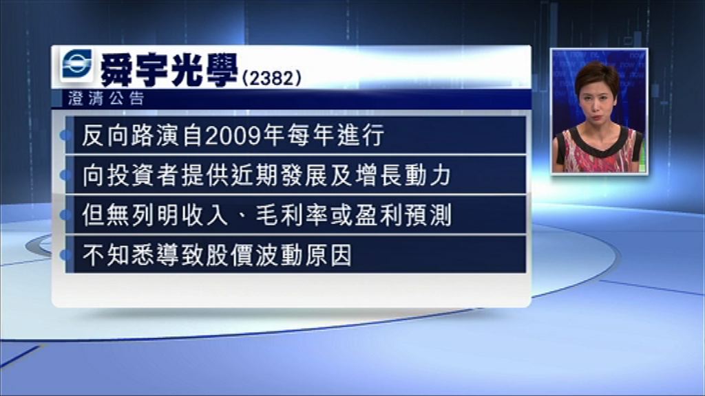 【未知股價波動原因】舜宇：路演無列明毛利率預測等