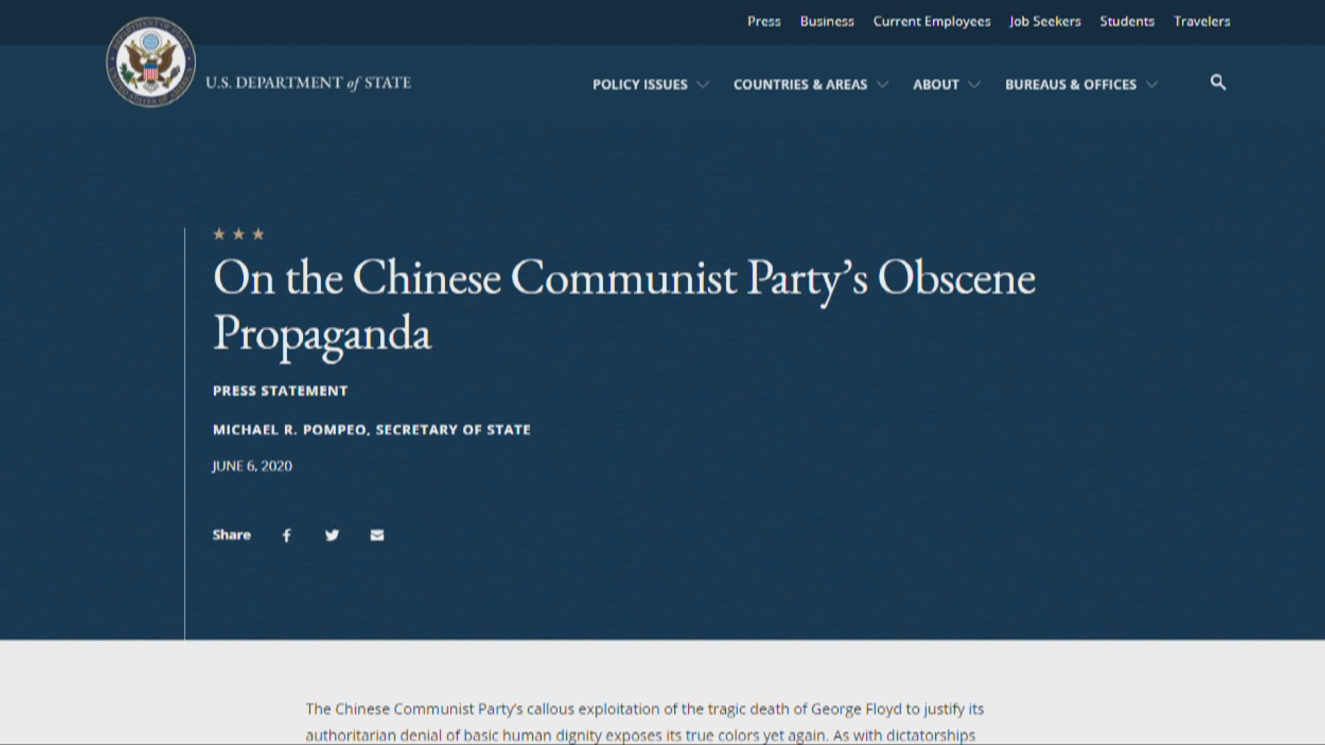 蓬佩奧：中國指摘美國沒人權言論可笑