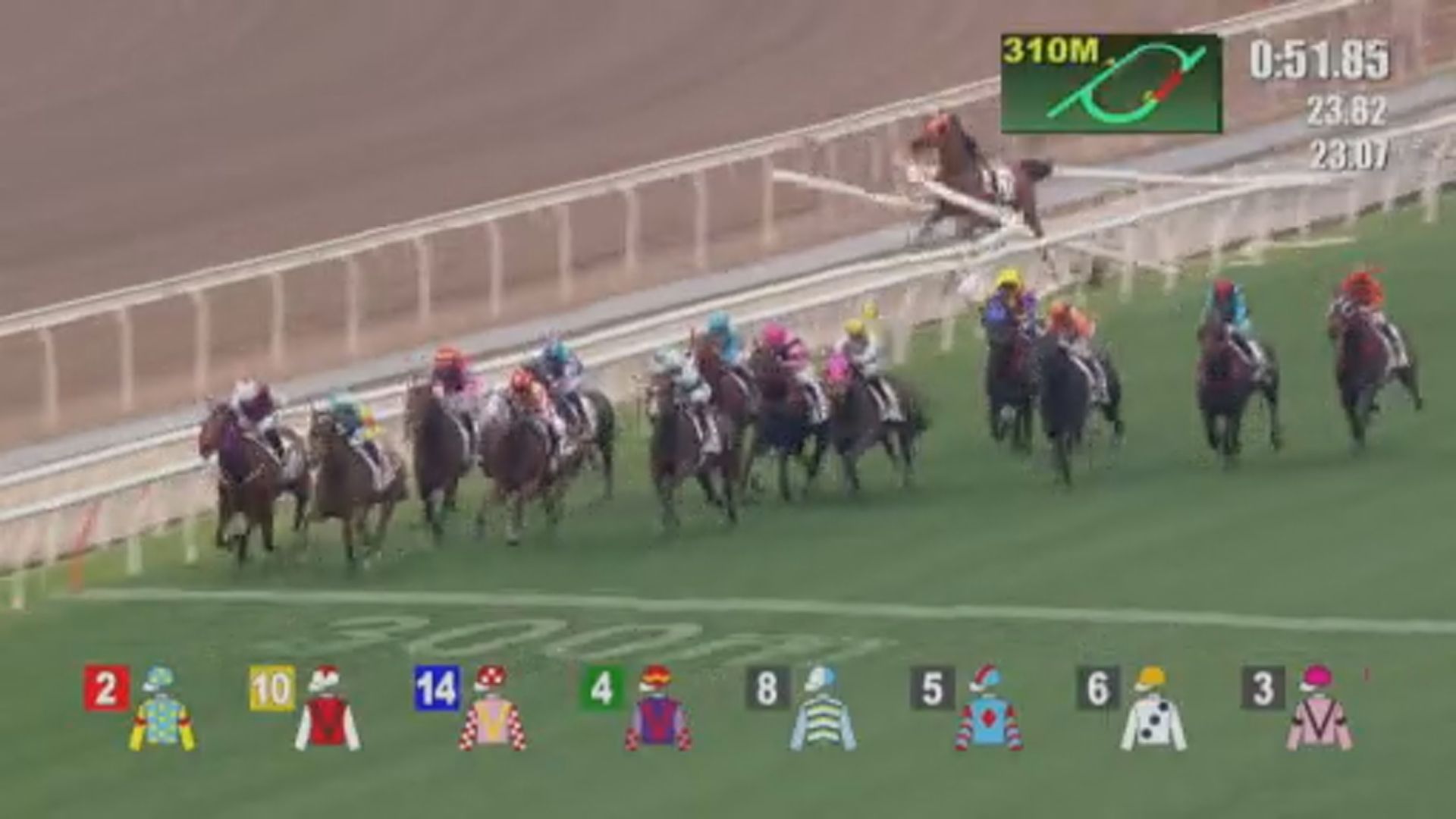 沙田馬場第三場「奮鬥齊心」撞欄令騎師墮馬