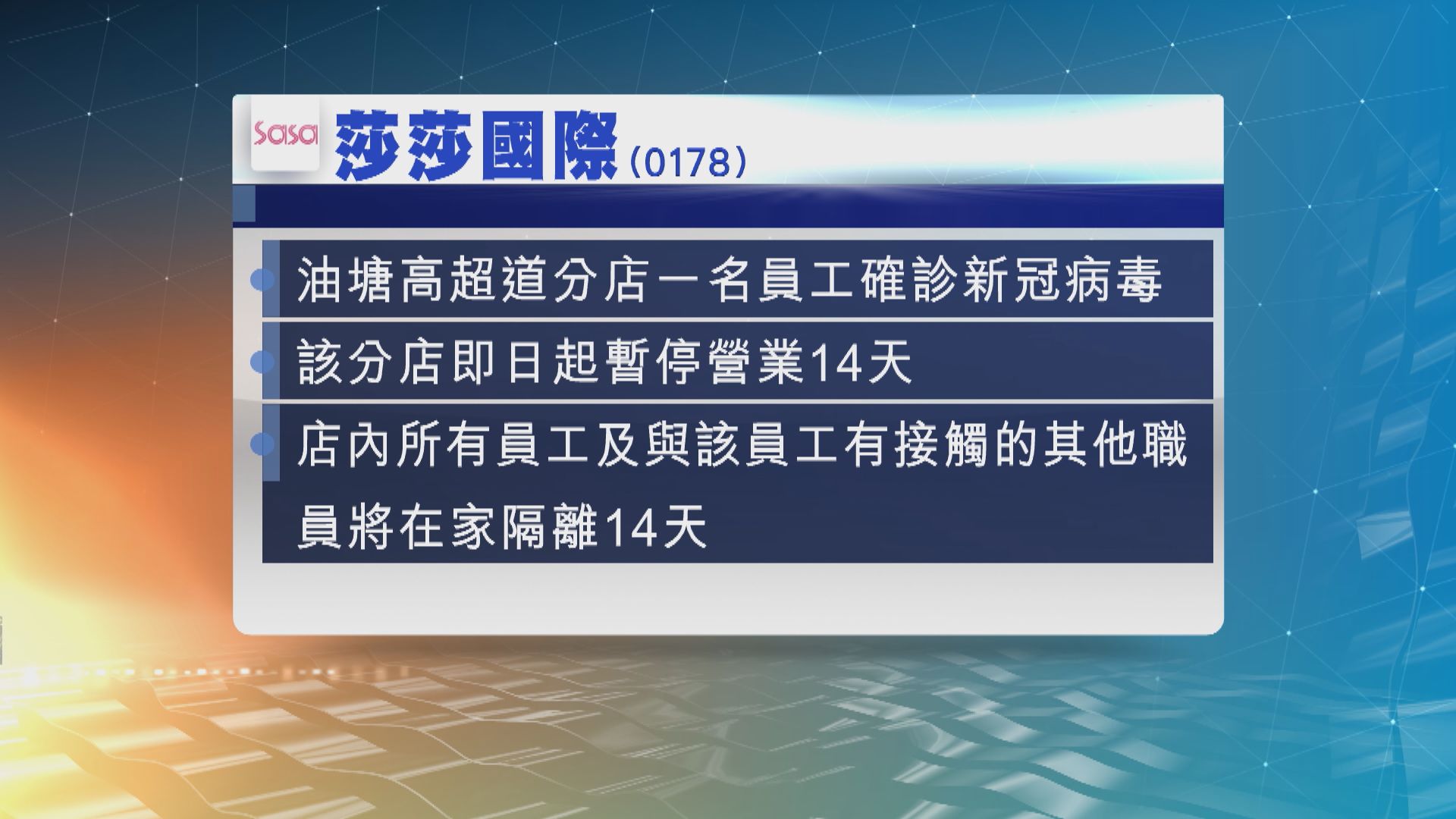 莎莎證實油塘分店一名員工確診