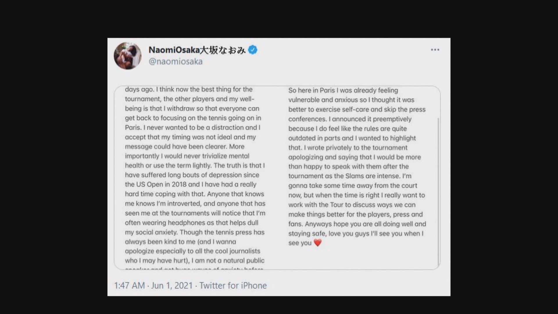 【受抑鬱困擾】大坂直美退出法網　指盼令各方將焦點放回賽事上