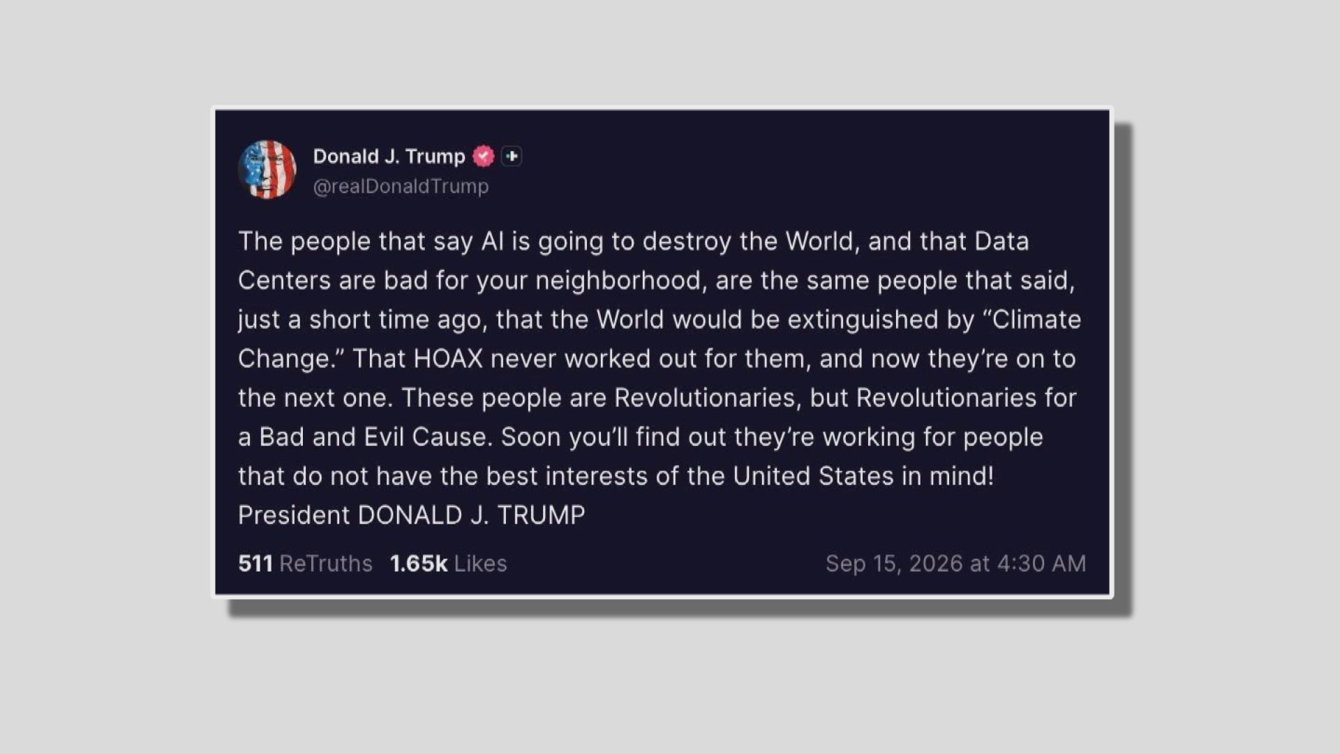 特朗普再批AI毀滅世界言論是騙局