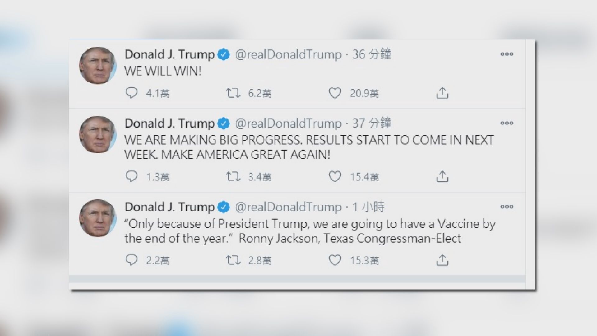 特朗普在社交網站發文聲言會勝利