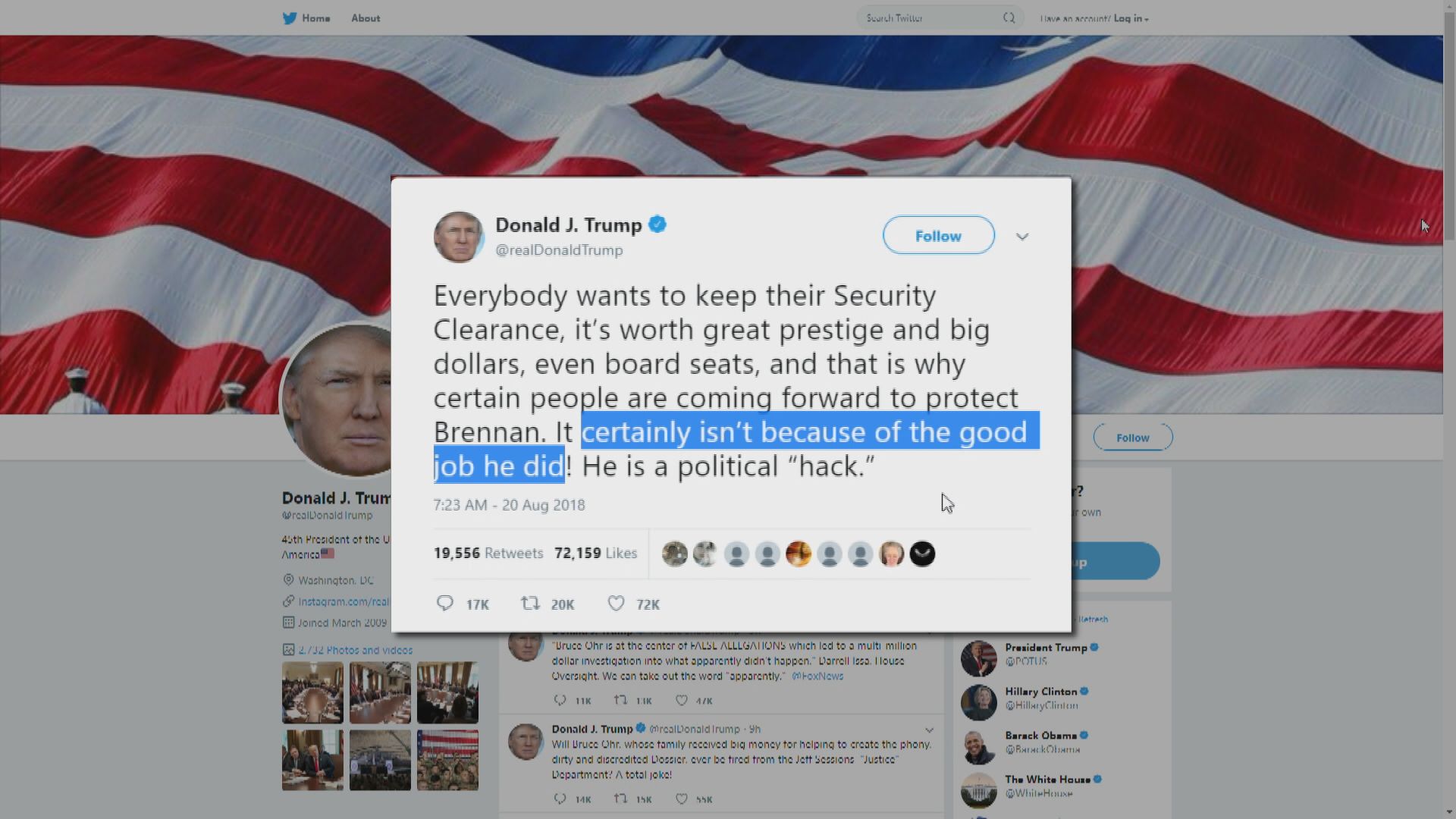 特朗普指布倫南不會就保安許可提訴訟