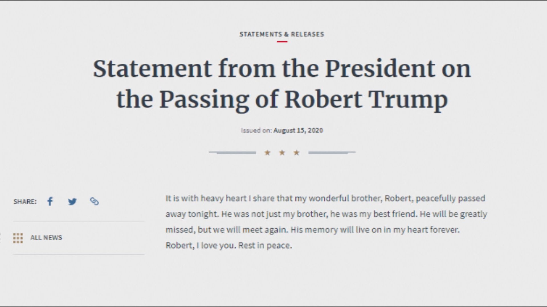 特朗普發聲明哀悼弟弟羅伯特