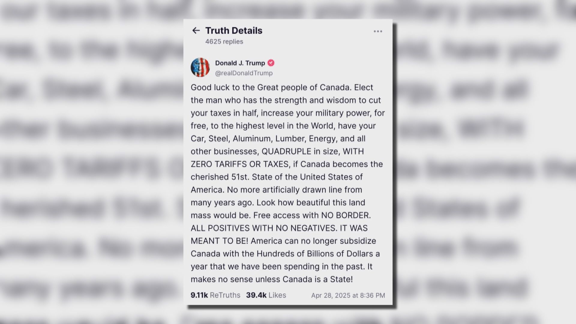 加拿大大選之際　特朗普再提讓加拿大成為美國第51個州