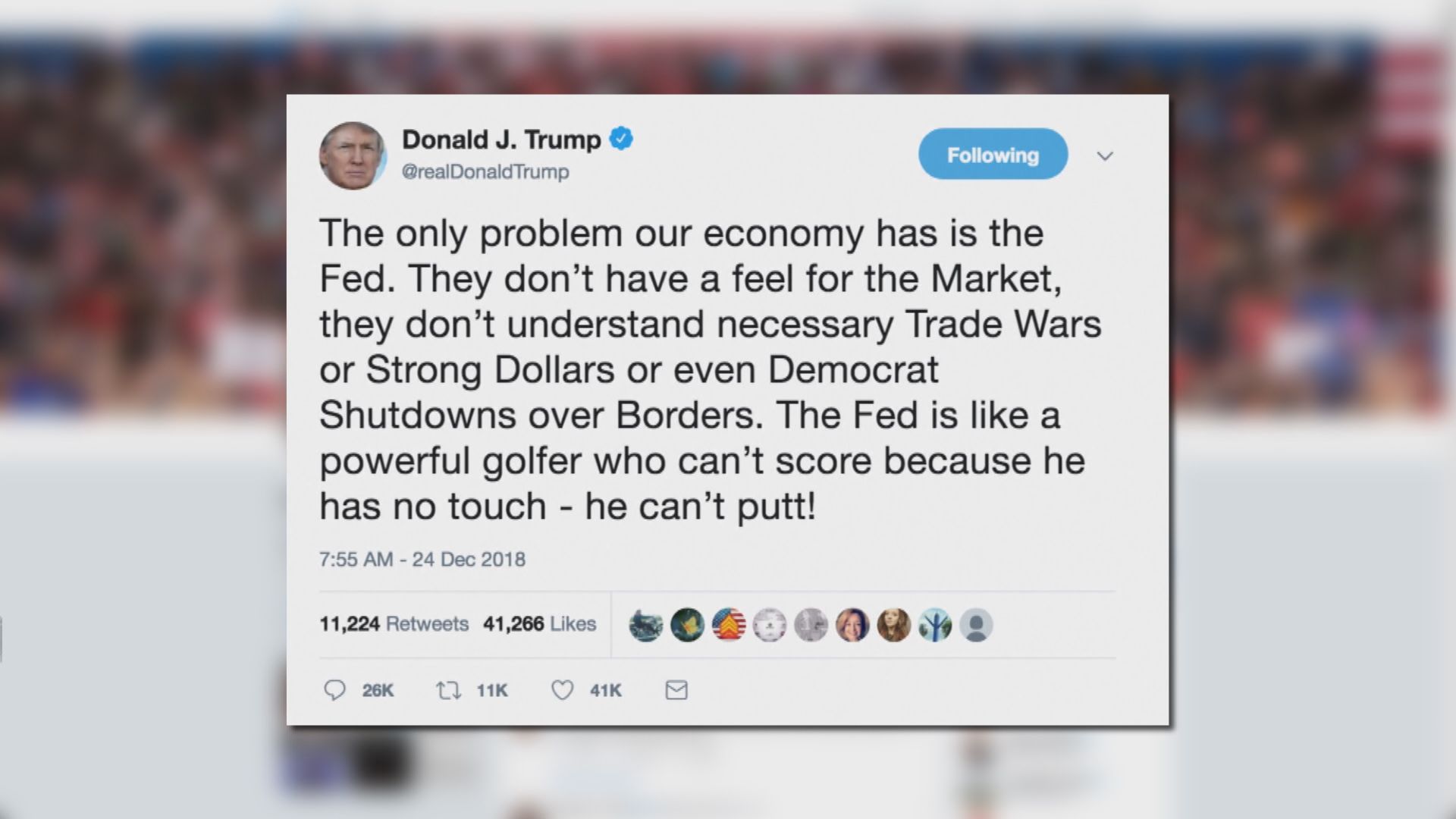 特朗普批評聯儲局是美國經濟的唯一問題