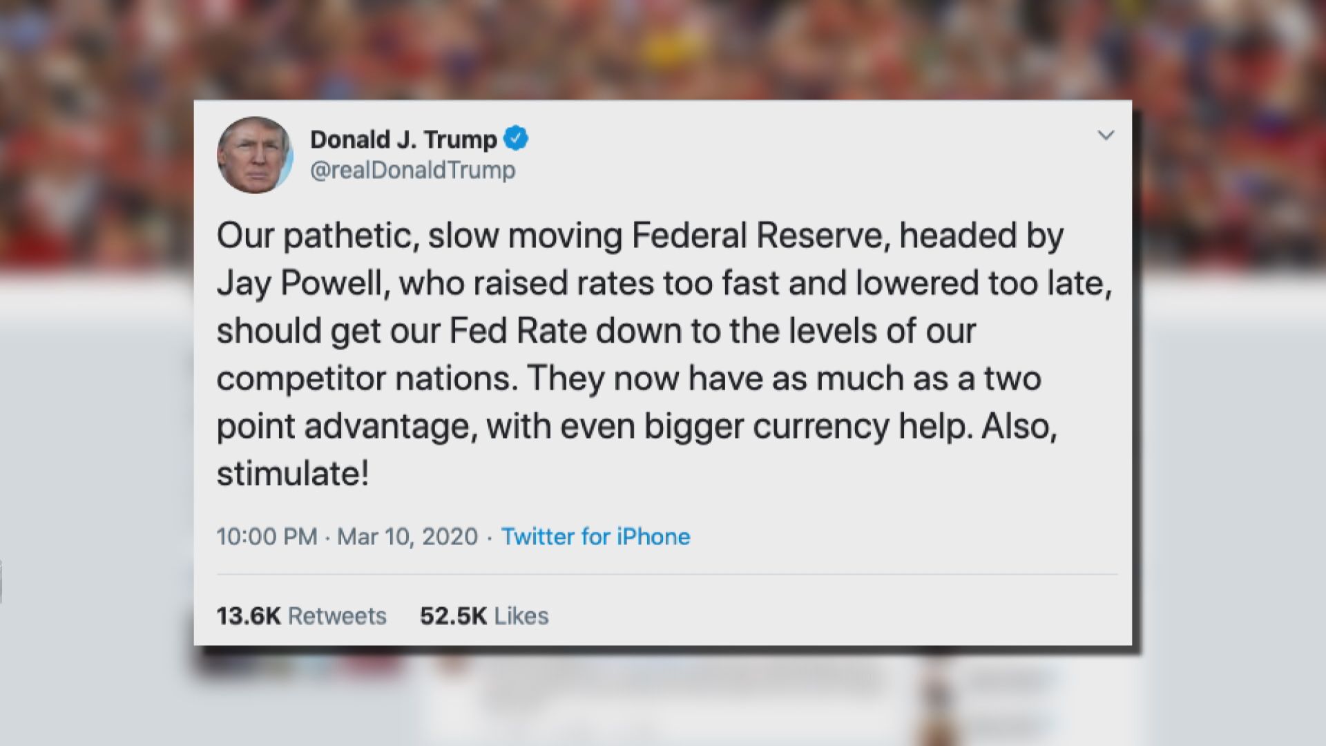 特朗普：美國利率應降至競爭對手國家水平