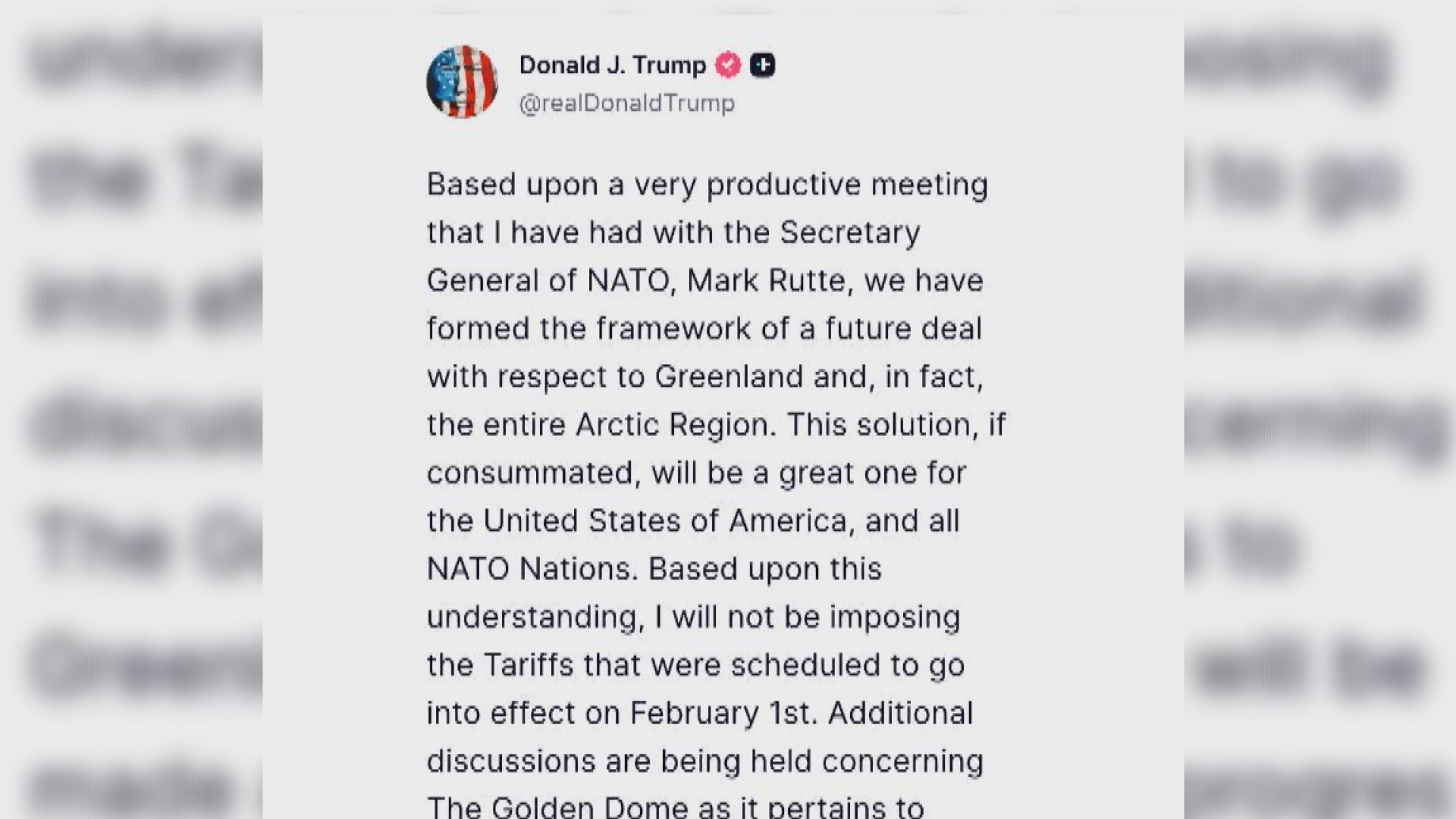 格陵蘭風波｜特朗普稱與呂特達成框架協議　暫不會對歐洲八國加徵關稅