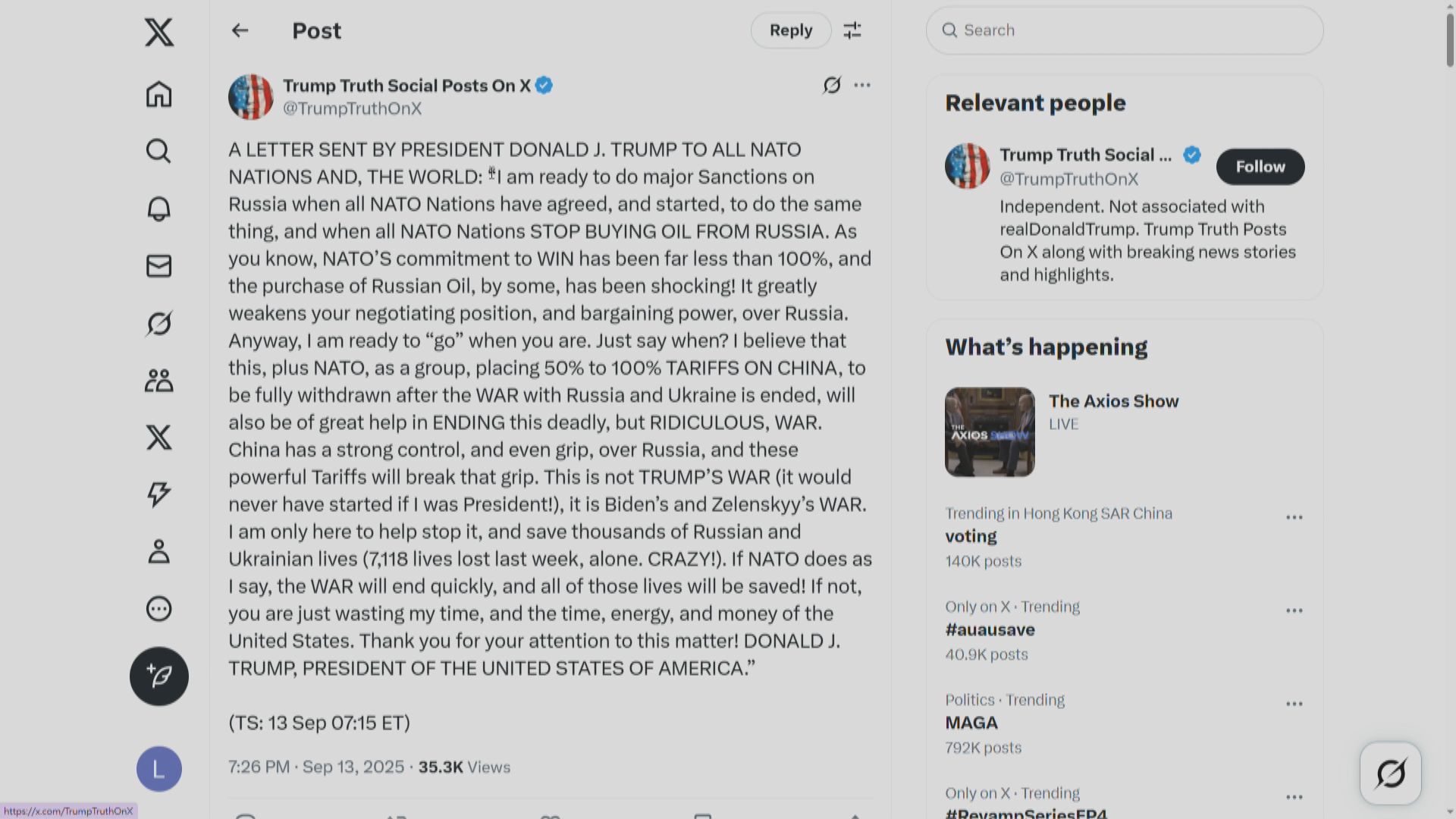 特朗普要求北約與美一起對華加徵關稅　揚言措施能夠終結俄烏戰事(林靜儀報道)