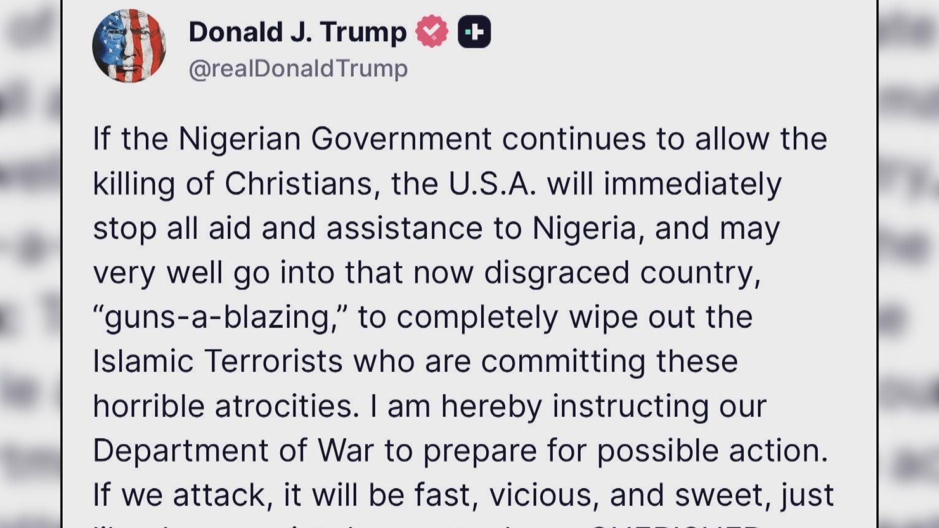 特朗普不排除向尼日利亞派遣地面部隊或發動空襲　稱要阻止基督徒遭殺害