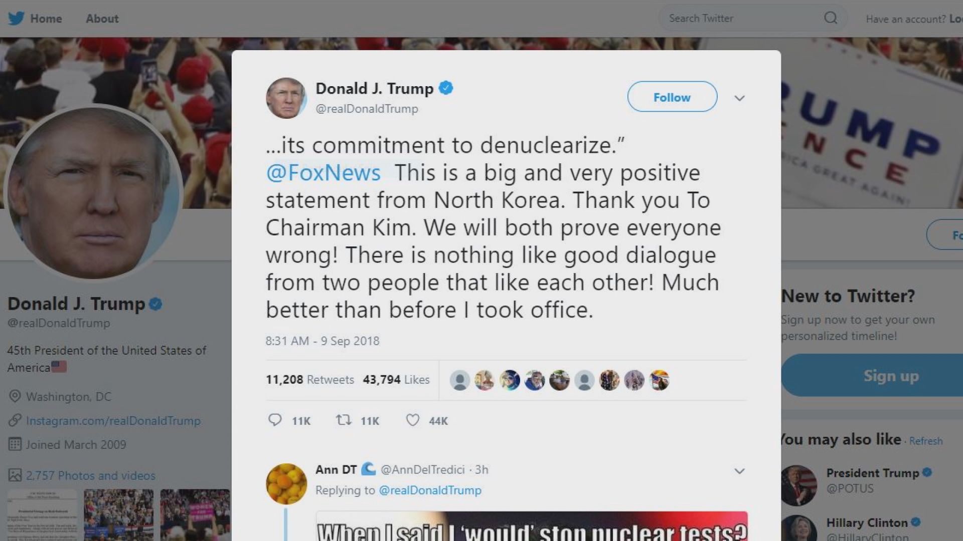 特朗普稱北韓閱兵展示無核化決心