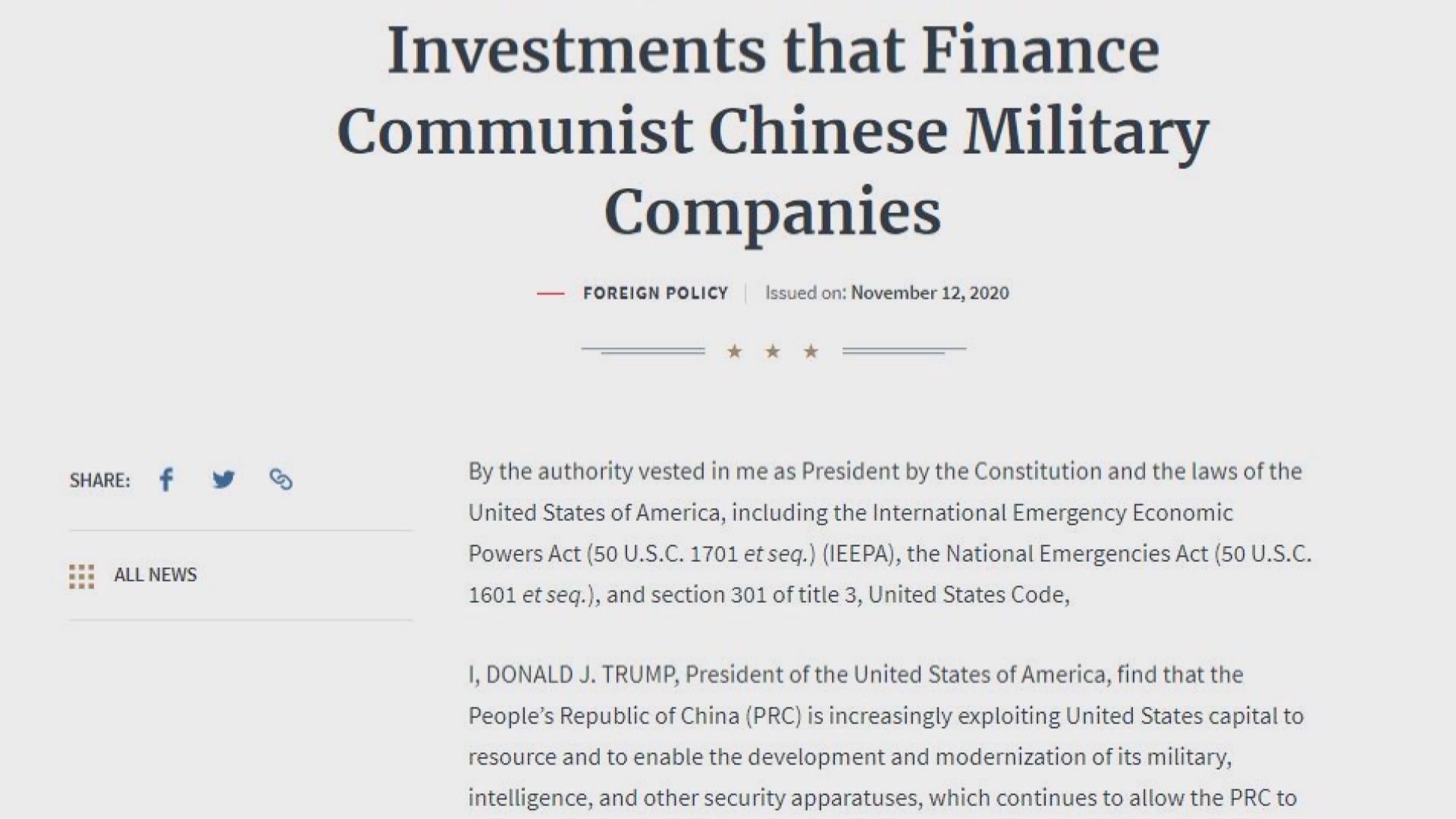 特朗普簽令禁止投資部分涉中國軍方企業