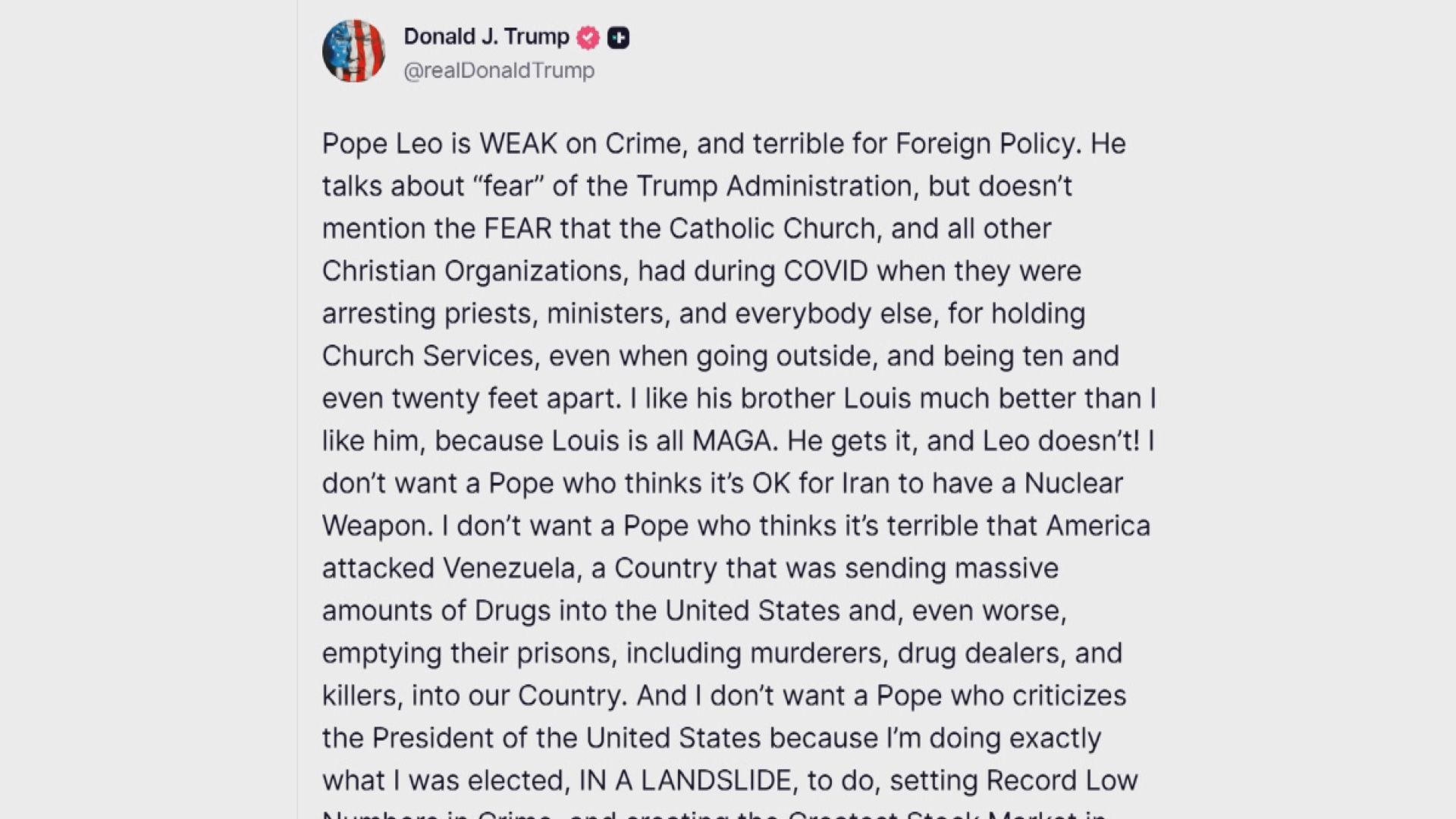 特朗普斥教宗良十四世「軟弱、糟糕」　稱「我不是他支持者」