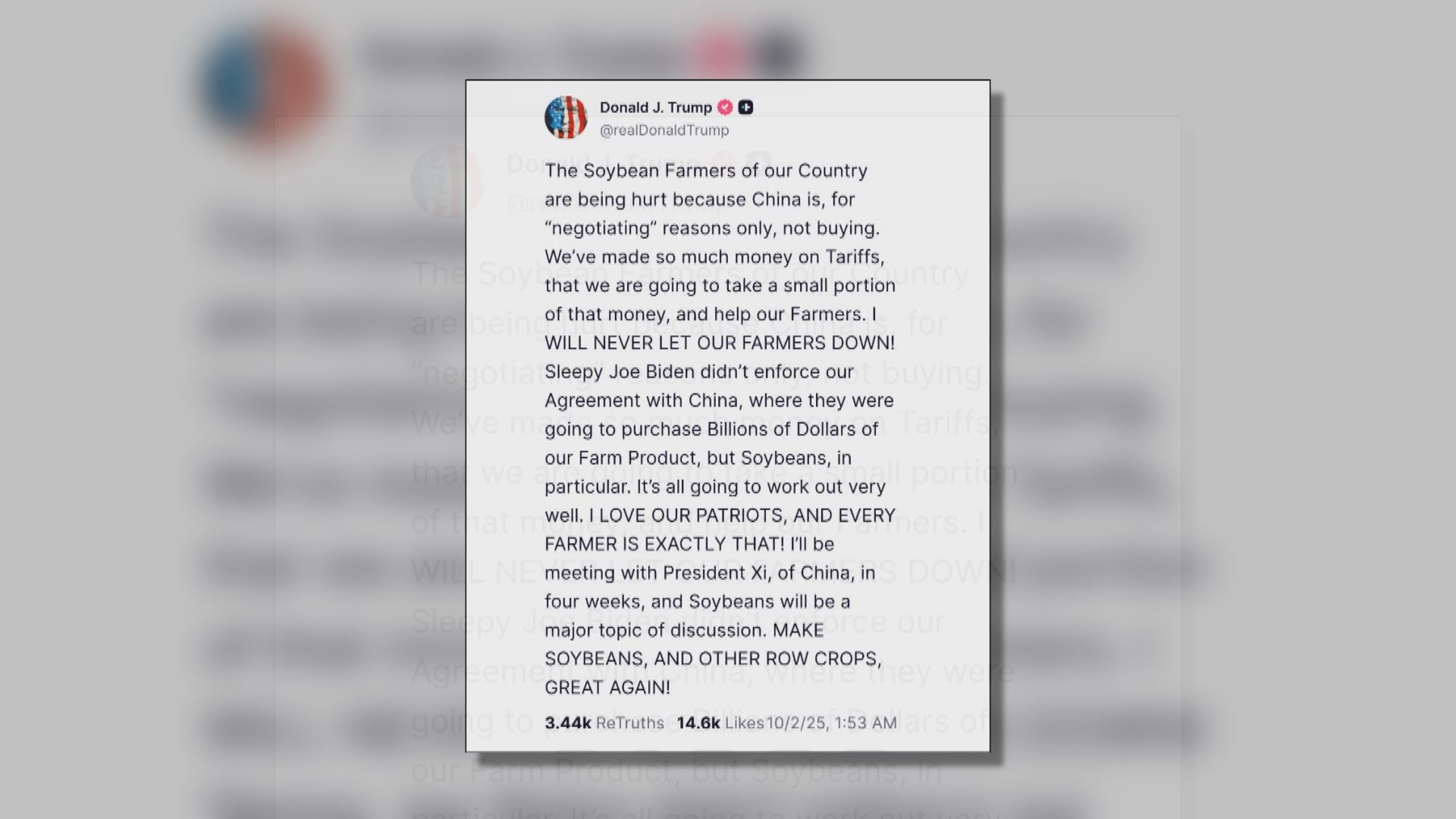 特朗普稱四星期後與習近平會面　大豆是主要討論議題