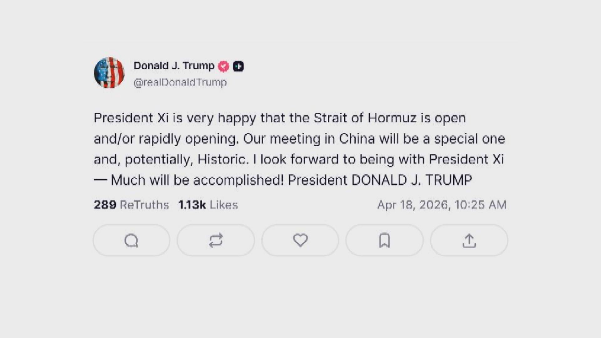 特朗普︰習近平很高興霍爾木茲海峽重開　期待下月歷史性會談取得豐碩成果